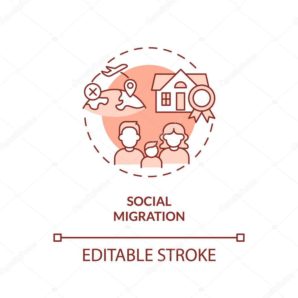 Social migration terracotta concept icon. Reunion with family. Change location reason abstract idea thin line illustration. Isolated outline drawing. Editable stroke. Arial, Myriad Pro-Bold fonts used
