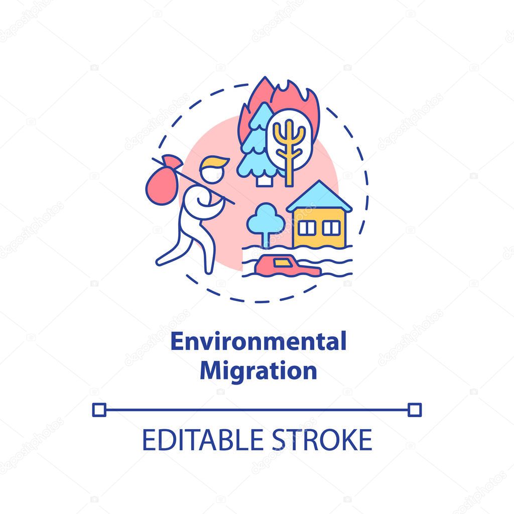 Environmental migration concept icon. Escaping ecology problems. Relocation reason abstract idea thin line illustration. Isolated outline drawing. Editable stroke. Arial, Myriad Pro-Bold fonts used