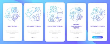 Mobil uygulama ekranında besin testi mavi gradyan. Çizgisel kavramlarla dolu 5 aşamalı grafik talimatları. UI, UX, GUI şablonu. Kullanılan sayısız Pro-Kalın, Düzenli yazı tipleri