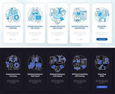 Mobil uygulama ekranında gece gündüz HR profesyonel becerileri var. Çizgisel kavramlarla dolu 5 aşamalı grafik talimatları. UI, UX, GUI şablonu. Kullanılan sayısız Pro-Kalın, Düzenli yazı tipleri