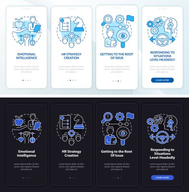 HR yumuşak becerileri gece gündüz mobil uygulama ekranında. Doğrusal kavramları olan dört aşamalı grafik talimat sayfaları işe alınıyor. UI, UX, GUI şablonu. Kullanılan sayısız Pro-Kalın, Düzenli yazı tipleri
