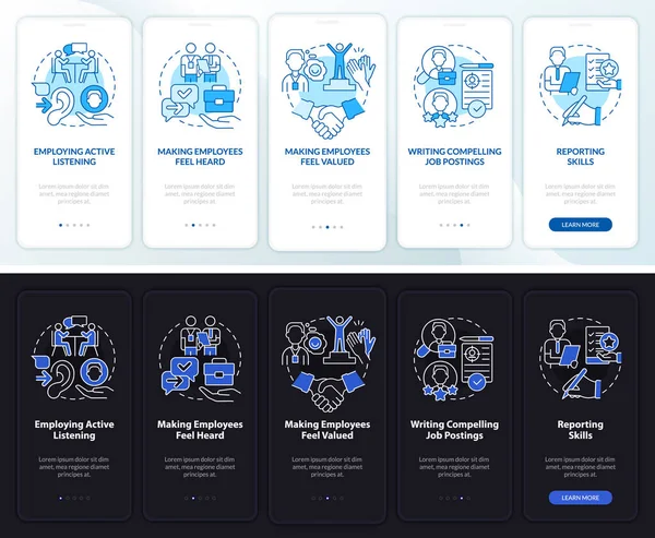 Yrkeskompetens Natt Och Dag Läge Onboarding Mobilapp Skärm Igenom Steg — Stock vektor