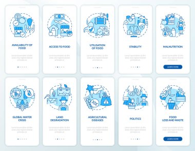 Gıda güvenliği mavi seyyar uygulama ekranında. Çizgisel kavramlar içeren 5 aşamalı grafik yönergeler sayfaları arasında gezinme problemleri. UI, UX, GUI şablonu. Kullanılan sayısız Pro-Kalın, Düzenli yazı tipleri