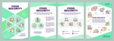 Gıda güvenlik broşürü. Ulaşılabilir ve uygun fiyatlı yiyecekler. Çizgisel simgeli broşür tasarımı. Sunum için 4 vektör düzeni, yıllık raporlar. Arial-Black, Kullanılan Myriad Pro-Normal yazı tipleri