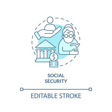 Sosyal güvenlik turkuaz konsept ikonu. Federal sosyal koruma, soyut ve ince çizgili çizgileri içerir. İzole bir taslak çizim. Düzenlenebilir felç. Arial, Myriad Pro-Kalın yazı tipleri