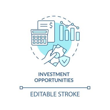 Yatırım fırsatları kavram simgesini turkuaz hale getirir. Sigorta poliçesi soyut fikirlerin ince çizgi çiziminden faydalanıyor. İzole bir taslak çizim. Düzenlenebilir felç. Arial, Myriad Pro-Kalın yazı tipleri
