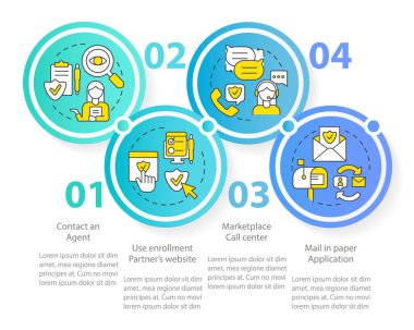 Sigorta çemberi bilgi şablonu uygulamanın yolları. Poliçe alıyorum. Veri görselleştirmesi 4 adımda. İşlem zaman çizelgesi bilgi şeması. Satır simgeleriyle çalışma akışı düzeni. Kullanılan Myriad Pro-Normal yazı tipi