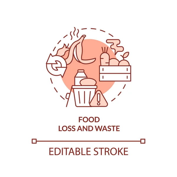 食品ロスと廃棄物の赤い概念のアイコン 食料安全保障の抽象的な考え方を実現する上での課題 独立した外形図面 編集可能なストローク Arial Myriad Pro Boldフォントの使用 — ストックベクタ
