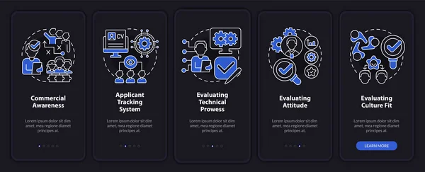 Vaardigheden Zakelijke Nachtmodus Onboarding Mobiele App Scherm Technologie Walkthrough Stappen — Stockvector