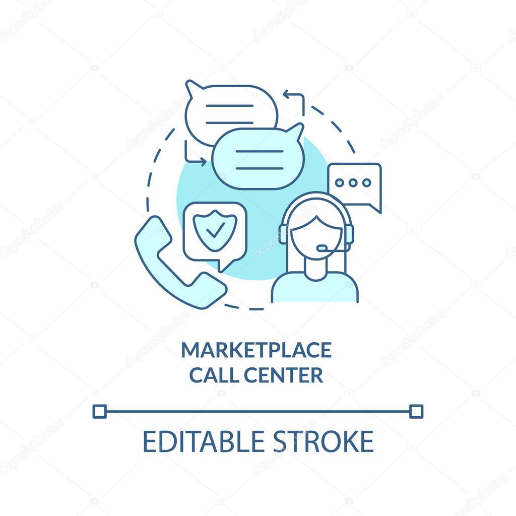 Marketplace call center turquoise concept icon. Applying for insurance way abstract idea thin line illustration. Isolated outline drawing. Editable stroke. Arial, Myriad Pro-Bold fonts used