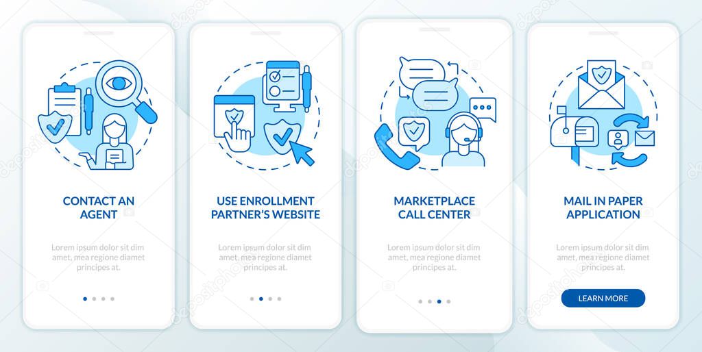 Applying for insurance ways blue onboarding mobile app screen. Policy walkthrough 4 steps graphic instructions pages with linear concepts. UI, UX, GUI template. Myriad Pro-Bold, Regular fonts used