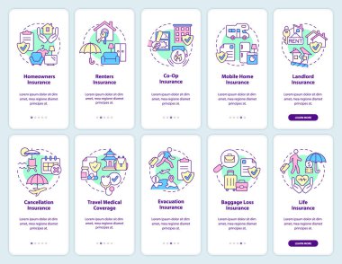 Seyyar uygulama ekran seti sigortalı. Finansal kapsama 5 adım grafik talimatları sayfaları doğrusal kavramlarla birlikte. UI, UX, GUI şablonu. Kullanılan sayısız Pro-Kalın, Düzenli yazı tipleri