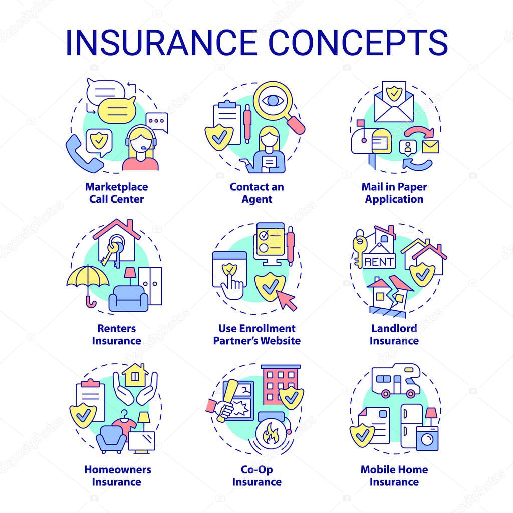 Insurance concept icons set. Financial protection policy. Safety service for customers idea thin line color illustrations. Isolated symbols. Editable stroke. Roboto-Medium, Myriad Pro-Bold fonts used