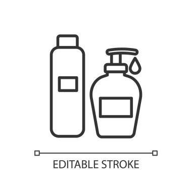 Cilt bakım ürünleri siyah kabartma simgesi. Temizleme kremi. Dermatoloji. Yüz ve vücut kozmetikleri. İnce çizgili çizim. Contour sembolü. Vektör çizimi. Düzenlenebilir felç. Kullanılan Arial yazı tipi