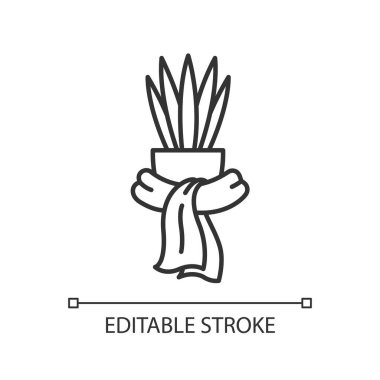 Çiçekleri kış ikonunda sıcak tut. Kışın hasarı önlemek için. Kapalı alan bitkisi. İnce çizgili çizim. Contour sembolü. Vektör çizimi. Düzenlenebilir felç. Kullanılan Arial yazı tipi