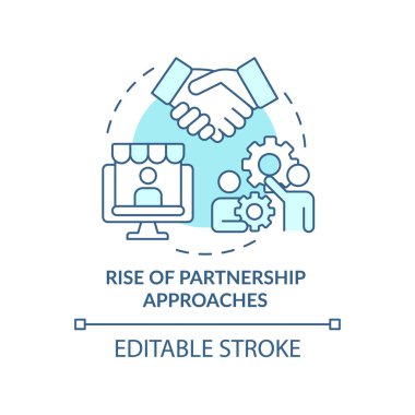 Ortaklığın yükselişi turkuaz konsept ikonuna yaklaşıyor. Perakende stratejisi, soyut fikir ince çizgili illüstrasyondur. İzole bir taslak çizim. Düzenlenebilir felç. Arial, Myriad Pro-Kalın yazı tipleri