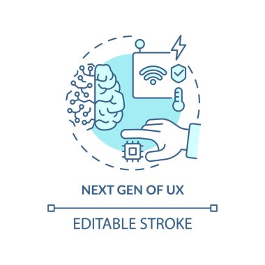 UX turkuaz konsept ikonunun bir sonraki jenerasyonu. Çevre kullanıcı deneyimi. Teknik makro trendler soyut fikir ince çizgi çizimi. İzole bir taslak çizim. Düzenlenebilir felç. Arial, Myriad Pro-Kalın yazı tipleri