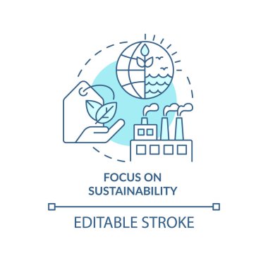 Sürdürülebilirlik turkuaz konsept simgesine odaklan. Makro ekonomi eğilimleri soyut fikir ince çizgi çizimi. İzole bir taslak çizim. Düzenlenebilir felç. Arial, Myriad Pro-Kalın yazı tipleri