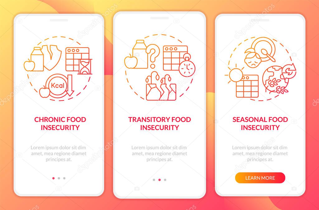 Types of food insecurity red gradient onboarding mobile app screen. Walkthrough 3 steps graphic instructions pages with linear concepts. UI, UX, GUI template. Myriad Pro-Bold, Regular fonts used