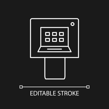 Karanlık tema için ATM beyaz doğrusal simgesi. Telekomünikasyon teknolojisi. Banka işlemleri cihazı. İnce çizgili çizim. Gece modu için izole edilmiş sembol. Düzenlenebilir felç. Kullanılan Arial yazı tipi