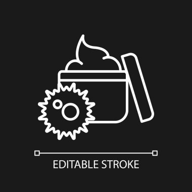 Eskiyen tema için son kullanma tarihi geçmiş ürün beyaz doğrusal simge. İçinde toksinler var. Bozuk krema, tahrişe yol açar. İnce çizgili çizim. Gece modu için izole edilmiş sembol. Düzenlenebilir felç. Kullanılan Arial yazı tipi