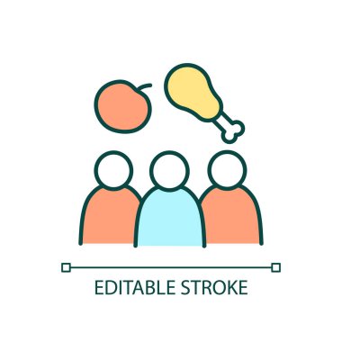 Nüfus ve gıda güvenliği RGB renk simgesi. Beslenme eksikliği. Ürün kıtlığı. Aşırı nüfus. İzole vektör çizimi. Basit bir çizgi çizimi. Düzenlenebilir felç. Kullanılan Arial yazı tipi