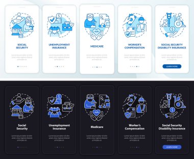 Federal sosyal sigorta gece gündüz mobil uygulama ekranında. Çizgisel kavramlarla dolu 5 aşamalı grafik talimatları. UI, UX, GUI şablonu. Kullanılan sayısız Pro-Kalın, Düzenli yazı tipleri