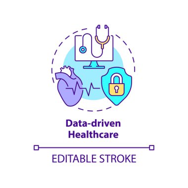 Veri odaklı sağlık hizmeti konsepti ikonu. Teknoloji yeniliği. Tıp makro eğilimleri soyut fikir ince çizgi illüstrasyonunu oluşturur. İzole bir taslak çizim. Düzenlenebilir felç. Arial, Myriad Pro-Kalın yazı tipleri