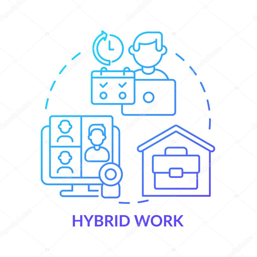 Hybrid work blue gradient concept icon. Flexible shifts time. Remote job. Workplace. Trends in enterprise abstract idea thin line illustration. Isolated outline drawing. Myriad Pro-Bold font