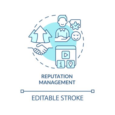 İtibar yönetimi turkuvaz konsept simgesi. İş için çözüm. Halkla ilişkiler servisi fikri soyut ince çizgi çizimi. İzole bir taslak çizim. Düzenlenebilir felç. Arial, Myriad Pro-Kalın yazı tipleri
