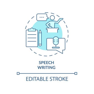 Konuşma turkuaz konsept simgesi yazma. Halk gösterisi hazırlığı. Halkla ilişkiler firması soyut fikri ince çizgi çizimi. İzole bir taslak çizim. Düzenlenebilir felç. Arial, Myriad Pro-Kalın yazı tipleri