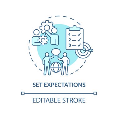 Beklentileri turkuaz konsept simgesi olarak ayarla. İletişim hattı açık. Halkla ilişkiler firması soyut fikir çizimleri çiziyor. İzole bir taslak çizim. Düzenlenebilir felç. Arial, Myriad Pro-Kalın yazı tipleri