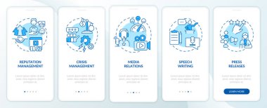 Mobil uygulama ekranında mavi halkla ilişkiler servisleri var. İşletme tanıtımı 5 aşamalı grafik talimatlar sayfaları doğrusal kavramlarla dolu. UI, UX, GUI şablonu. Kullanılan sayısız Pro-Kalın, Düzenli yazı tipleri