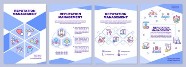 İtibar yönetimi mavi broşür. Halkla ilişkiler. Çizgisel simgeli broşür tasarımı. Sunum için 4 vektör düzeni, yıllık raporlar. Arial-Black, Kullanılan Myriad Pro-Normal yazı tipleri