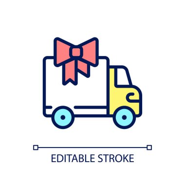 Bedava dağıtım piksel mükemmel RGB renk simgesi. Düşük fiyatlı nakliye. Bir sonraki satın alma için tanıtım teklifi. İzole vektör çizimi. Basit bir çizgi çizimi. Düzenlenebilir felç. Kullanılan Arial yazı tipi