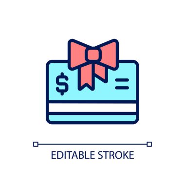 Hediye kartları pikseli mükemmel RGB renk simgesi. Sezonluk hediye çeki. Özel bir anlaşma. Pazarlama stratejisi. İzole vektör çizimi. Basit bir çizgi çizimi. Düzenlenebilir felç. Kullanılan Arial yazı tipi