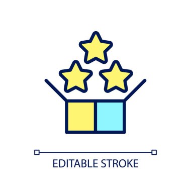 Bonus piksel olarak ürün paketleme mükemmel RGB renk simgesi. Satış promosyonu. Birlikte satılan ürünler. İzole vektör çizimi. Basit bir çizgi çizimi. Düzenlenebilir felç. Kullanılan Arial yazı tipi