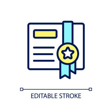 Hediye sertifikası piksel mükemmel RGB renk simgesi. İndirim almak için. Ticari mal sertifikası. İzole vektör çizimi. Basit bir çizgi çizimi. Düzenlenebilir felç. Kullanılan Arial yazı tipi