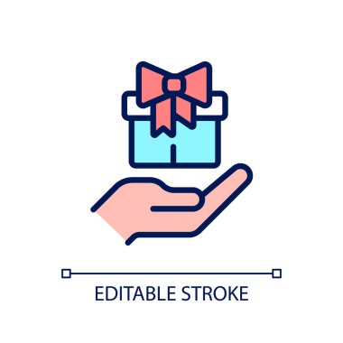 Bedava hediye pikseli mükemmel RGB renk simgesi. Potansiyel müşterileri cezbediyor. Pazarlama taktiği. Promosyon ürünleri. İzole vektör çizimi. Basit bir çizgi çizimi. Düzenlenebilir felç. Kullanılan Arial yazı tipi