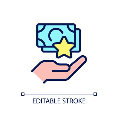 Nakit bonus piksel mükemmel RGB renk simgesi. Fazladan para vermek. Ek gelir. Yüksek meblağlı ödeme. İzole vektör çizimi. Basit bir çizgi çizimi. Düzenlenebilir felç. Kullanılan Arial yazı tipi