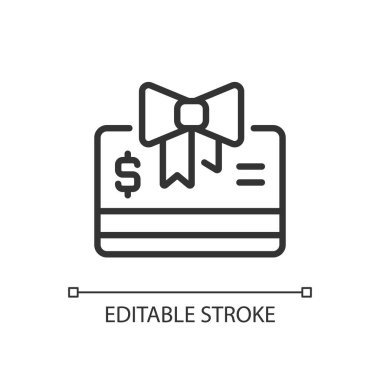 Hediye kartları pikseli mükemmel doğrusal simge. Sezonluk hediye çeki. Özel bir anlaşma. Pazarlama stratejisi. İnce çizgili çizim. Contour sembolü. Vektör çizimi. Düzenlenebilir felç. Kullanılan Arial yazı tipi