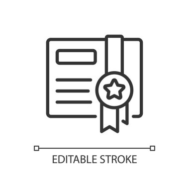 Hediye sertifikası pikseli mükemmel doğrusal simge. İndirim al. Ticari mal sertifikası. İnce çizgili çizim. Contour sembolü. Vektör çizimi. Düzenlenebilir felç. Kullanılan Arial yazı tipi