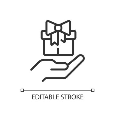 Bedava hediye pikseli mükemmel doğrusal simge. Potansiyel müşterileri cezbediyor. Pazarlama taktiği. Promosyon ürünleri. İnce çizgili çizim. Contour sembolü. Vektör çizimi. Düzenlenebilir felç. Kullanılan Arial yazı tipi