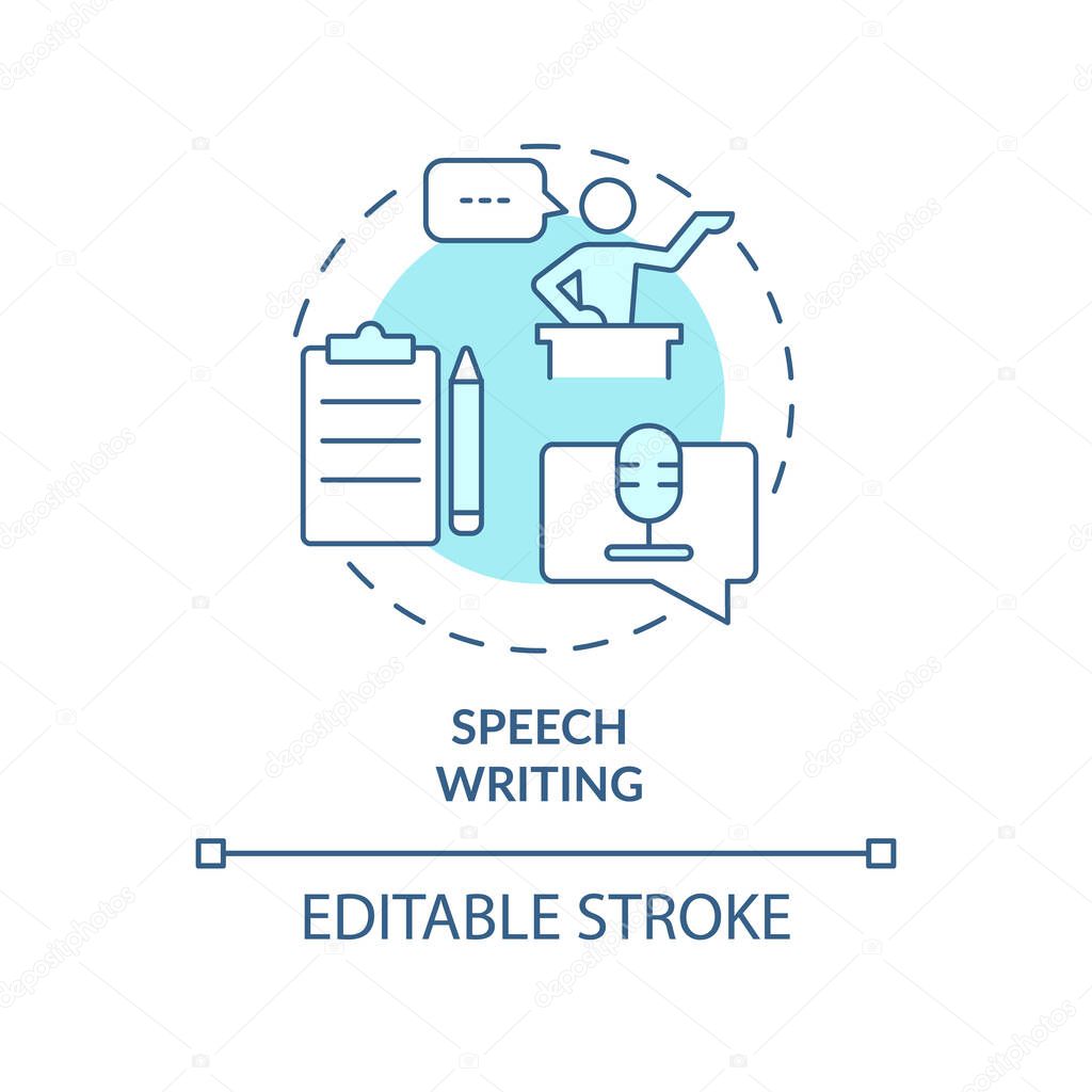 Speech writing turquoise concept icon. Public performance prepare. PR firm service abstract idea thin line illustration. Isolated outline drawing. Editable stroke. Arial, Myriad Pro-Bold fonts used