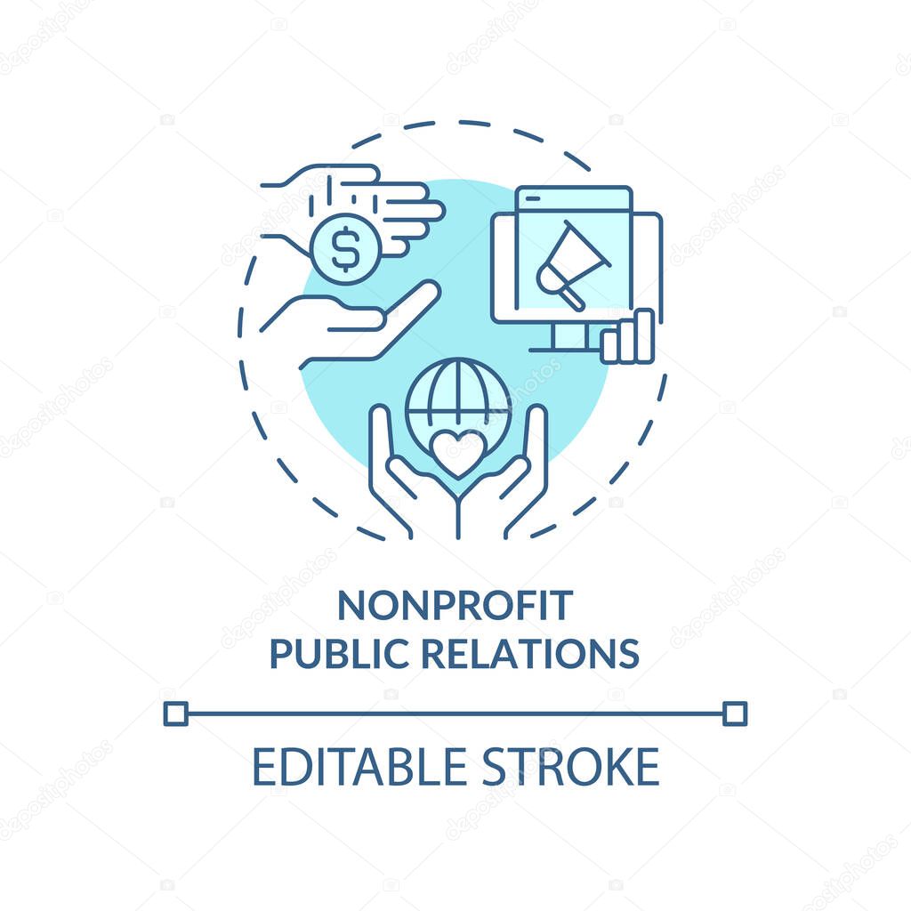Nonprofit public relations turquoise concept icon. Types of PR firms abstract idea thin line illustration. Isolated outline drawing. Editable stroke. Arial, Myriad Pro-Bold fonts used