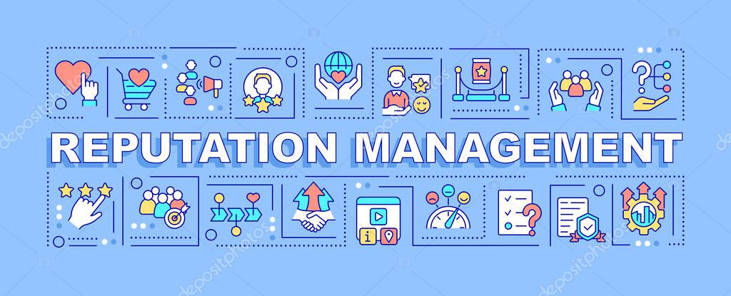 Reputation management word concepts blue banner. PR promotion strategy. Infographics with icons on color background. Isolated typography. Vector illustration with text. Arial-Black font used