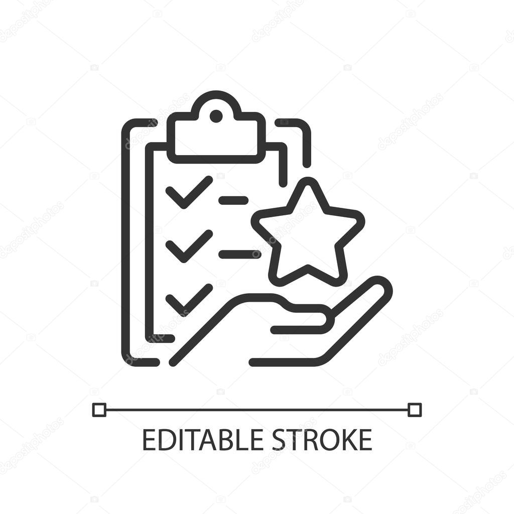 Task bonus pixel perfect linear icon. Awards points for completing action. Incentive wage payment. Thin line illustration. Contour symbol. Vector outline drawing. Editable stroke. Arial font used