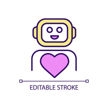 AI RGB renk simgesinin insanlığı. Kalbi olan dost canlısı bir robot. Yaşam rahatlığı ve yardım teknolojisi. İzole vektör çizimi. Basit bir çizgi çizimi. Düzenlenebilir felç. Kullanılan Arial yazı tipi