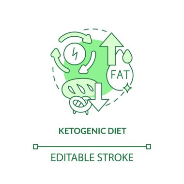 Ketogenik diyet yeşil konsept ikonu. Yüksek yağlar ve düşük karbonhidratlar. Moda diyetleri, soyut fikir ince çizgi çizimlerine dayanır. İzole bir taslak çizim. Düzenlenebilir felç. Arial, Myriad Pro-Kalın yazı tipleri