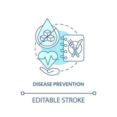 Hastalık önleme turkuvaz konsept ikonu. Kalp sağlığı. Sağlıklı beslenme, soyut fikirlerin ince çizgi çizimlerini avantajlı kılar. İzole bir taslak çizim. Düzenlenebilir felç. Arial, Myriad Pro-Kalın yazı tipleri